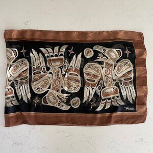 Bill Helin Native Art 100% Silk Satin Stripe Scarf Raven Brown Cream Black Sz OS